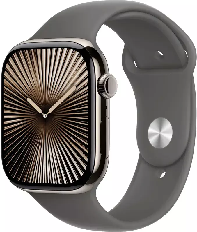 Apple Watch Series 10 GPS + Cellular 46mm Natural Titanium Case w. Stone Grey Sport Band - S/M (MWY93)