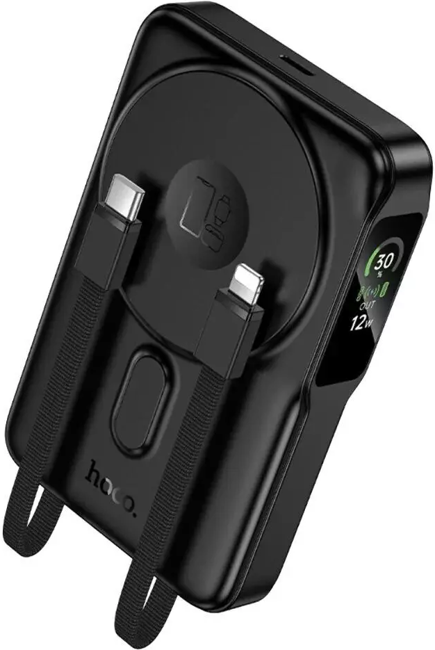Повербанк Hoco Q48 Core PD20W Magnetic (MagSafe compatible) з кабелями Type-C + Lightning та підставкою (10000 mAh) Black (715108)